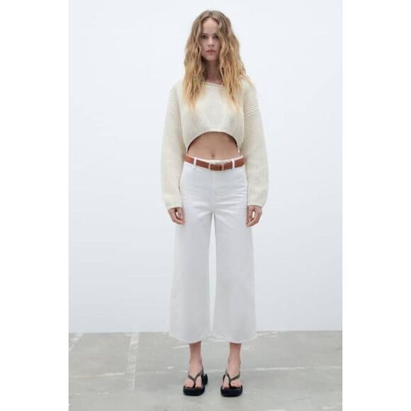 White Denim Zara High-Rise Cropped Belted Wide-Leg Jeans (NWT)